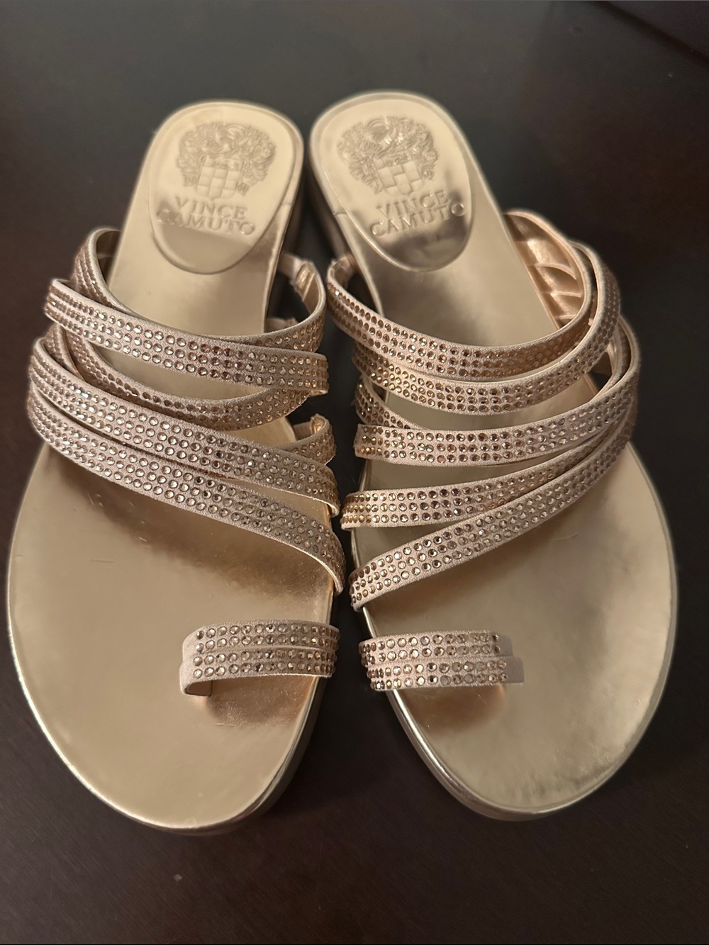 NWOT Vince Camuto Rose Gold Rhinestone Strap Slide Sandals